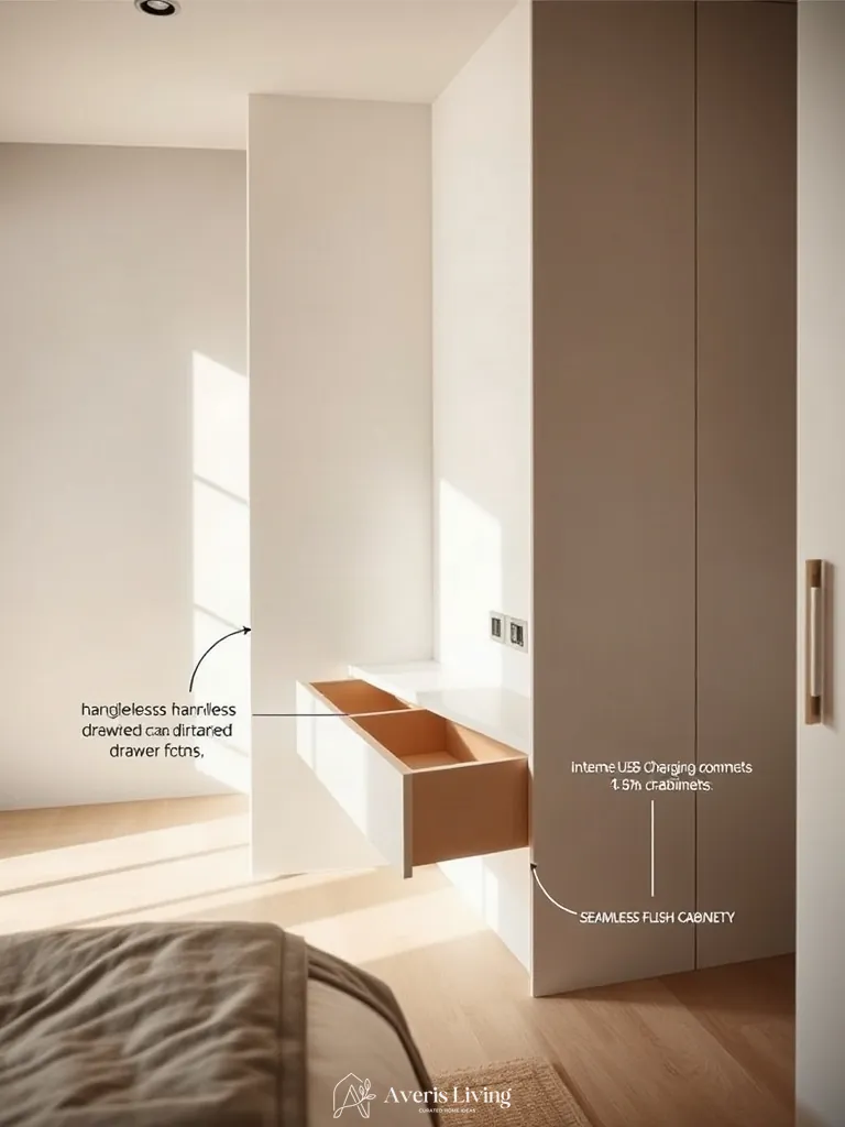 Bespoke handleless cabinetry floating nightstands with built-in cord management