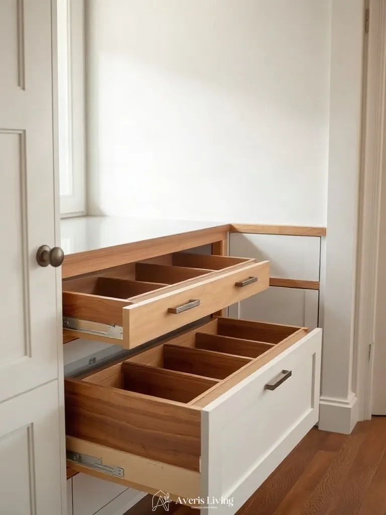 Bespoke cabinetry with pull-out drawers holding pantry organization bins and labels.