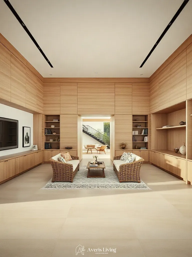 Bespoke floor-to-ceiling millwork framing rattan furniture living room styling