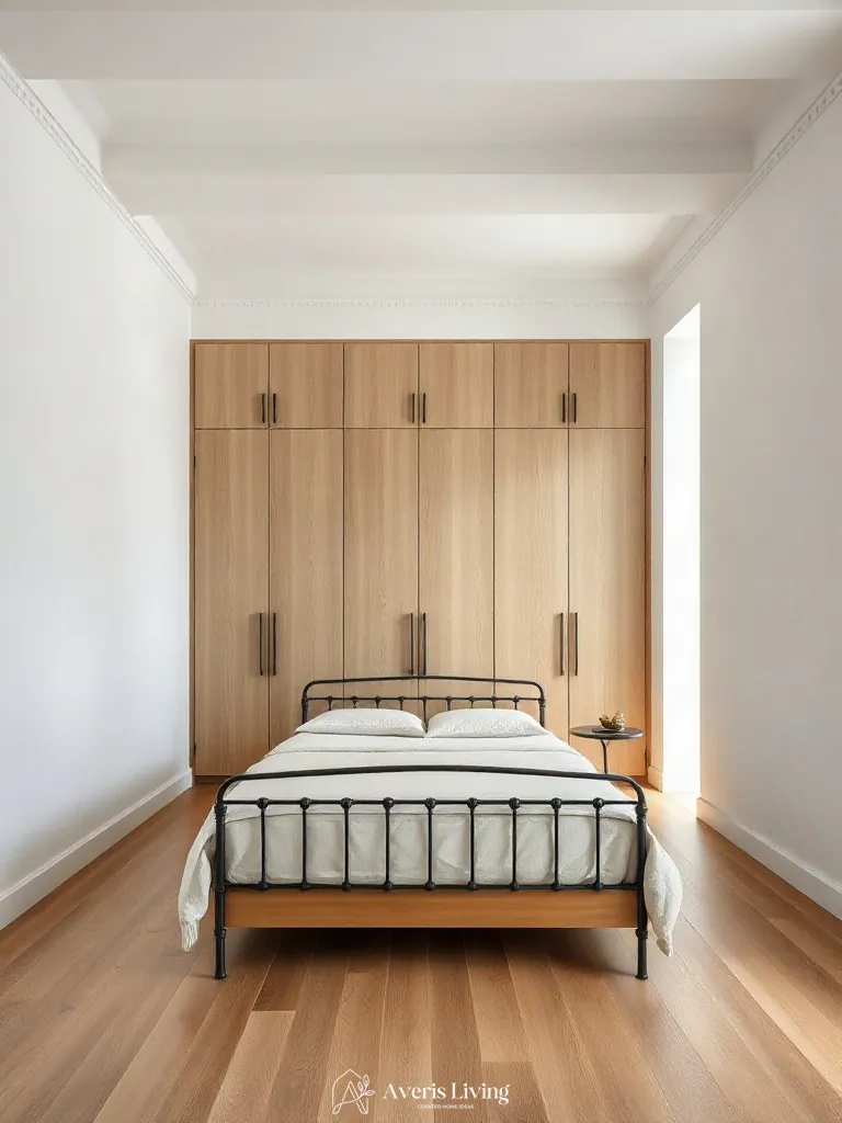 Bespoke floor-to-ceiling wardrobes paired with iron bed frame styling