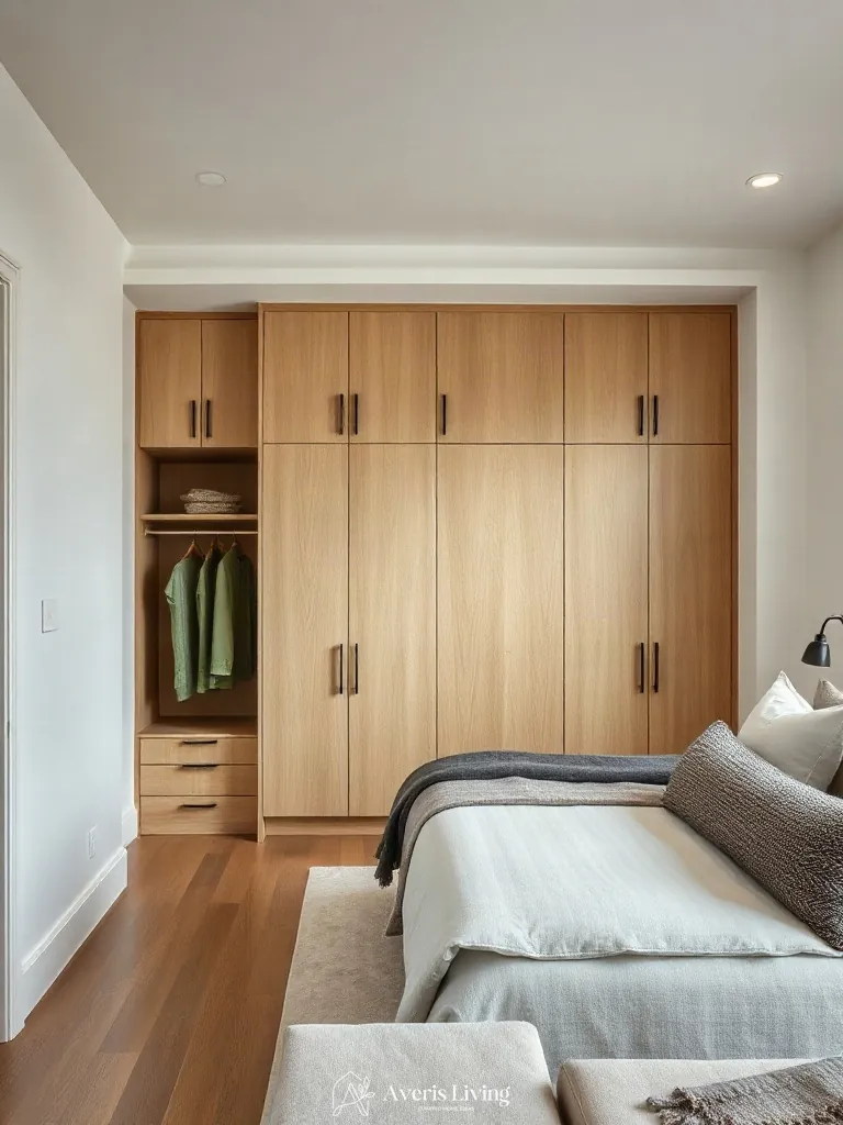 Bespoke wardrobe millwork paired with neutral farmhouse bedding sets