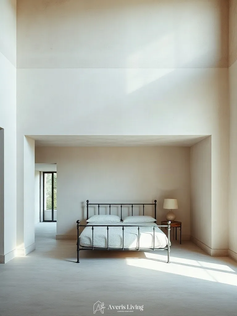 Architectural wall recess framing a modern iron bed frame