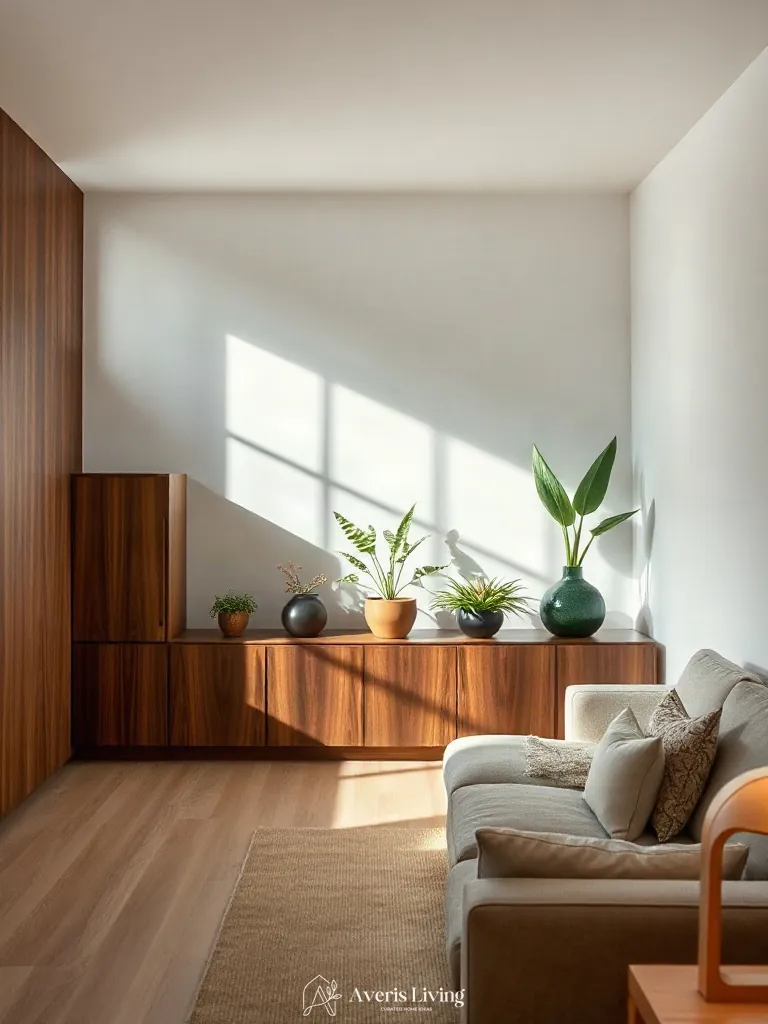 Custom walnut cabinetry and indoor plants in a boho living room