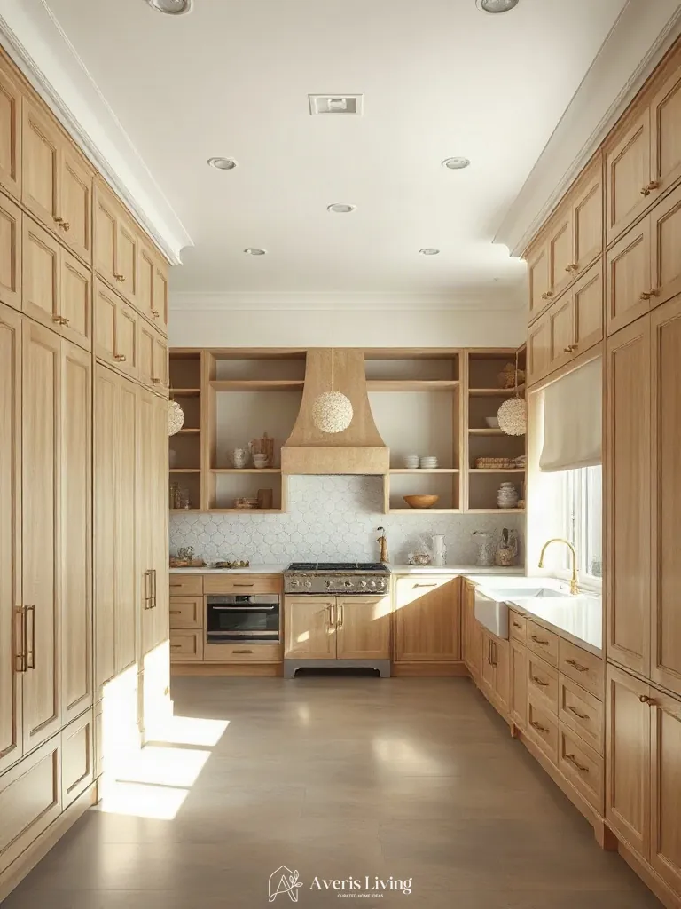 Bespoke perimeter cabinetry in an open shelving farmhouse kitchen