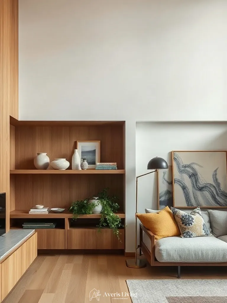 Built-in millwork shelving holding trailing indoor plants in a boho living room