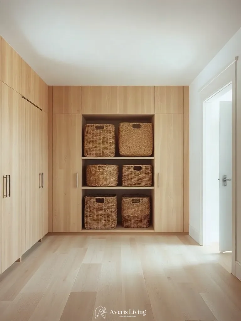 Custom storage cabinetry integrated with a woven basket wall display.