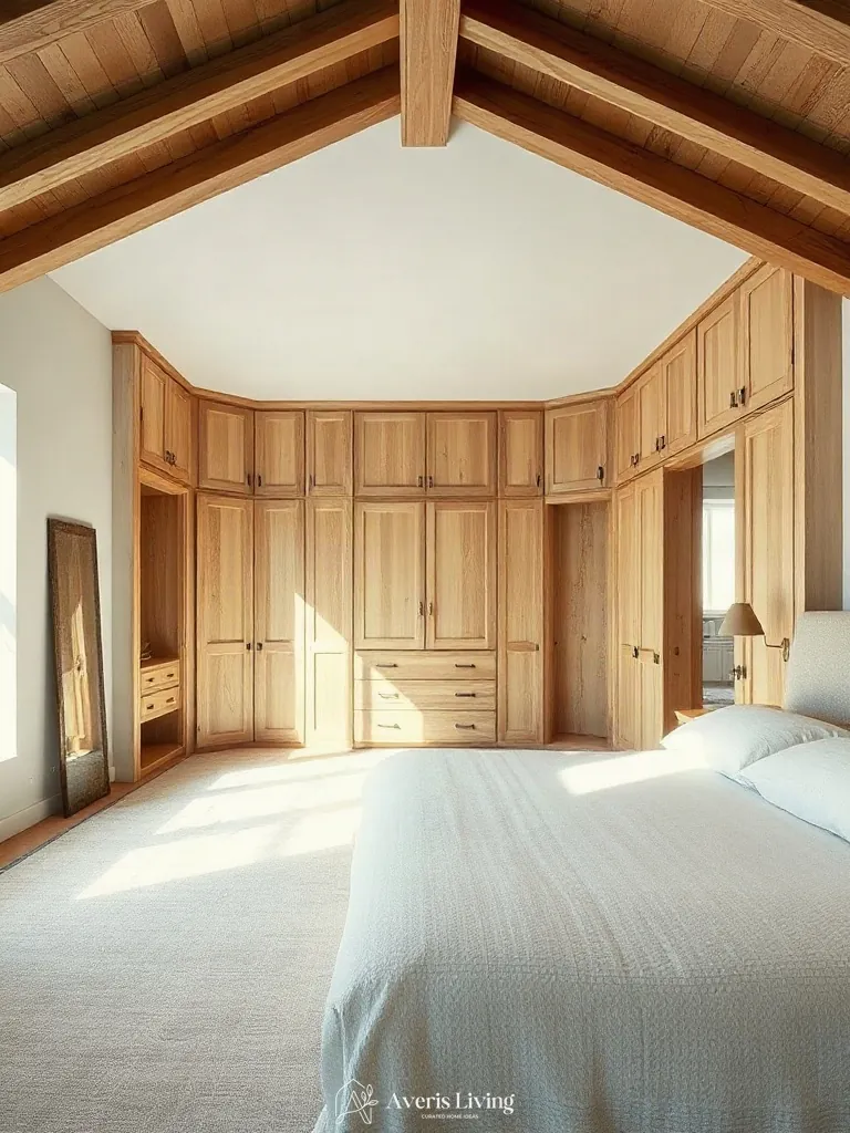 Bespoke white oak built-in wardrobes in a farmhouse master bedroom aesthetic