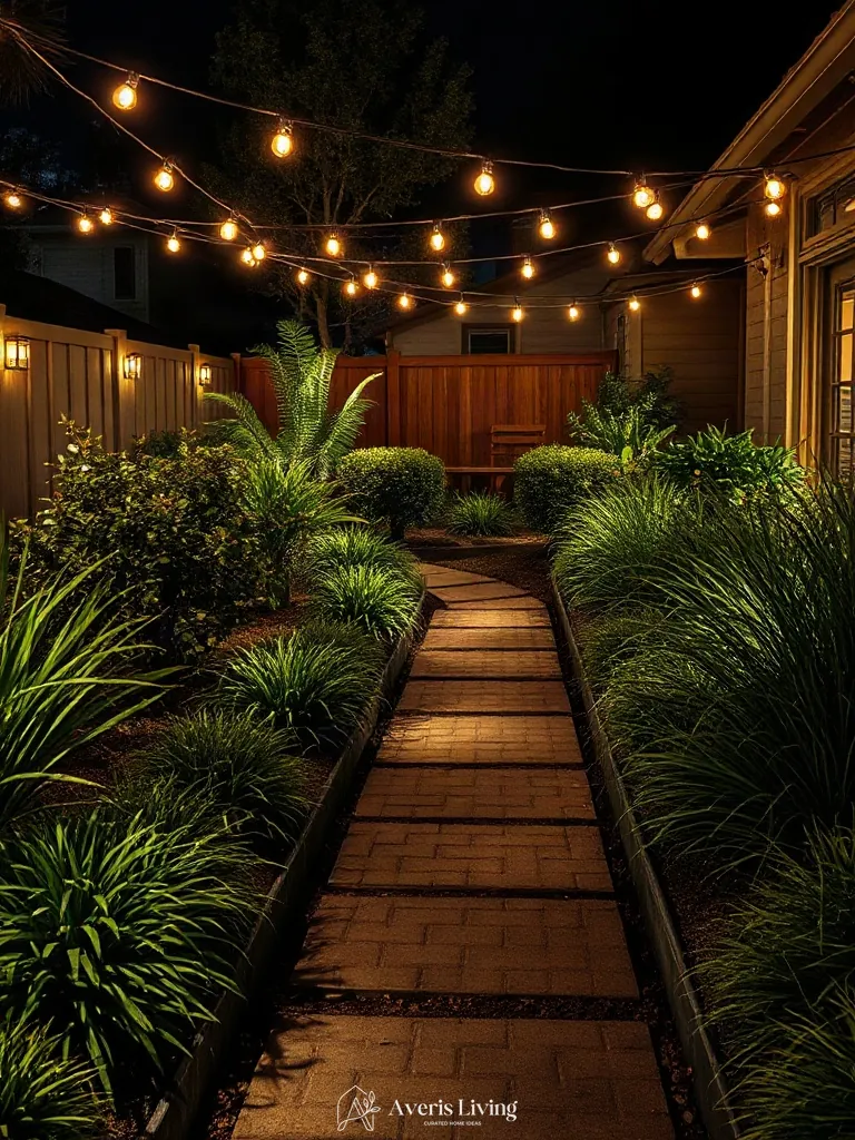 Perimeter landscape borders accented by backyard string lights