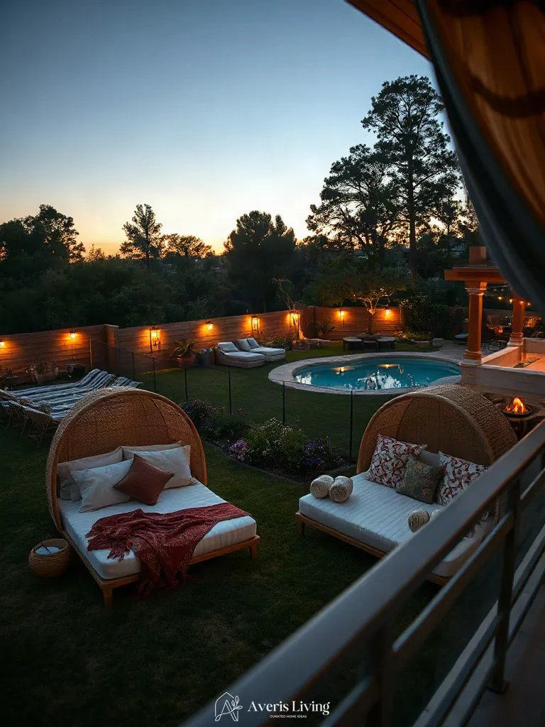 Bohemian daybeds and lounge pods near fence in boho privacy fence makeover