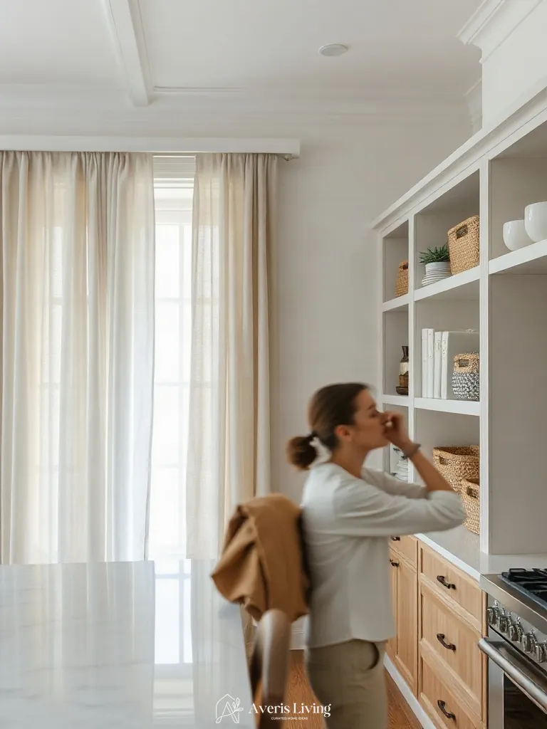 Bouclé texture and soft finishes paired with affordable kitchen storage