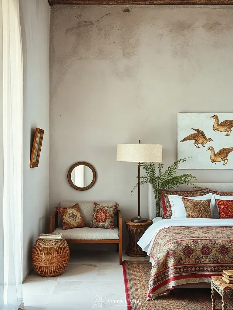 Textured plaster and bouclé elements styled with colorful bohemian bedding