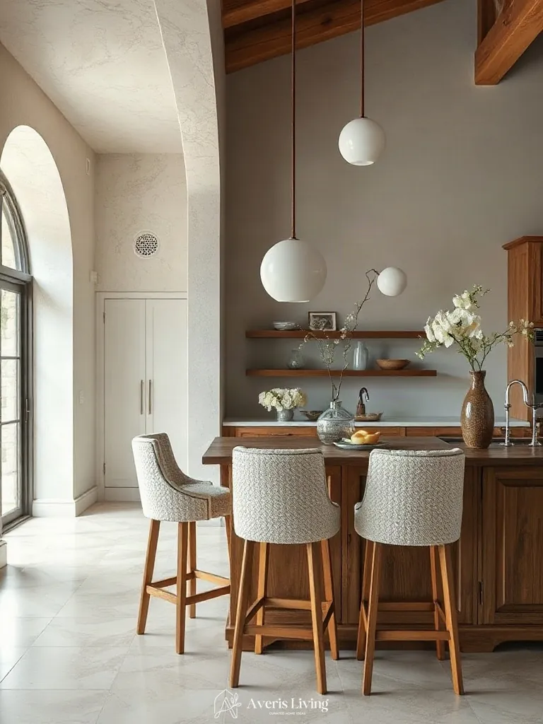 Bouclé barstools tucked under a rustic wood kitchen island.