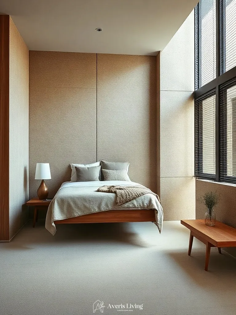 Bouclé wall padding paired with floating nightstands in cozy small bedroom