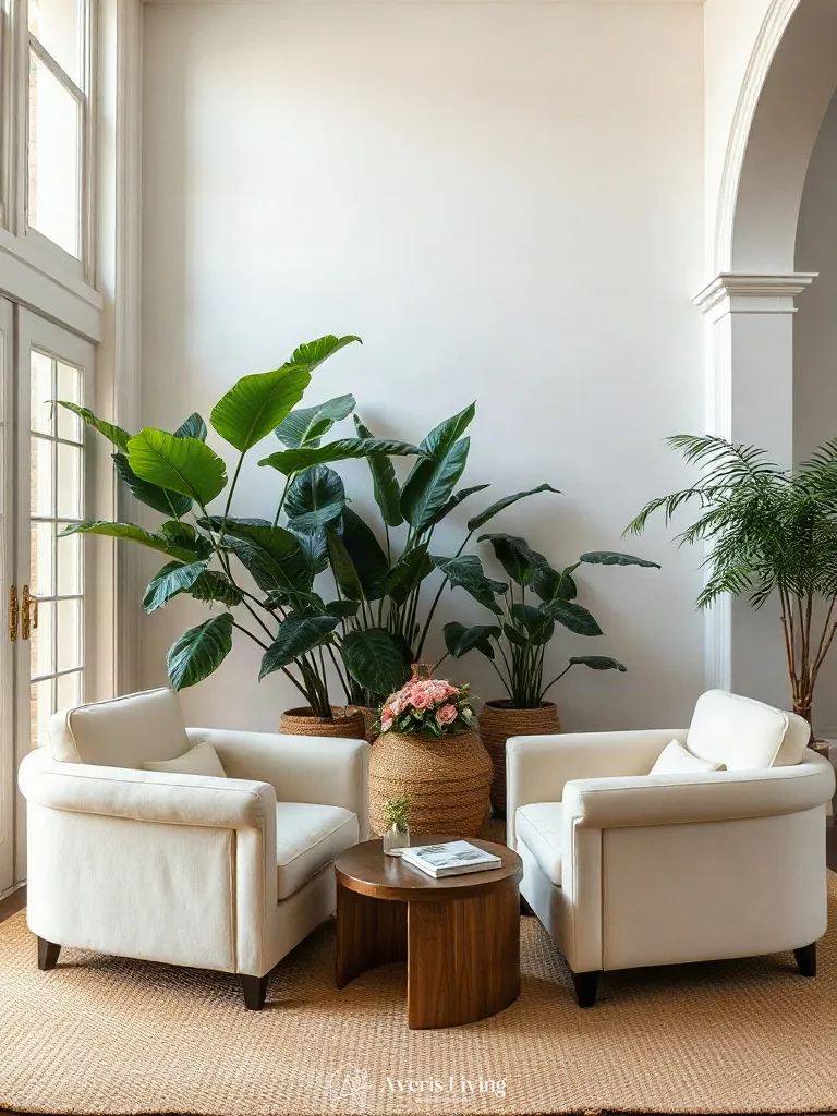 Bouclé furniture paired with indoor plants in a boho living room