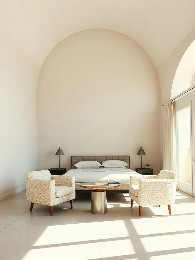 Textured bouclé seating paired with iron bed frame styling