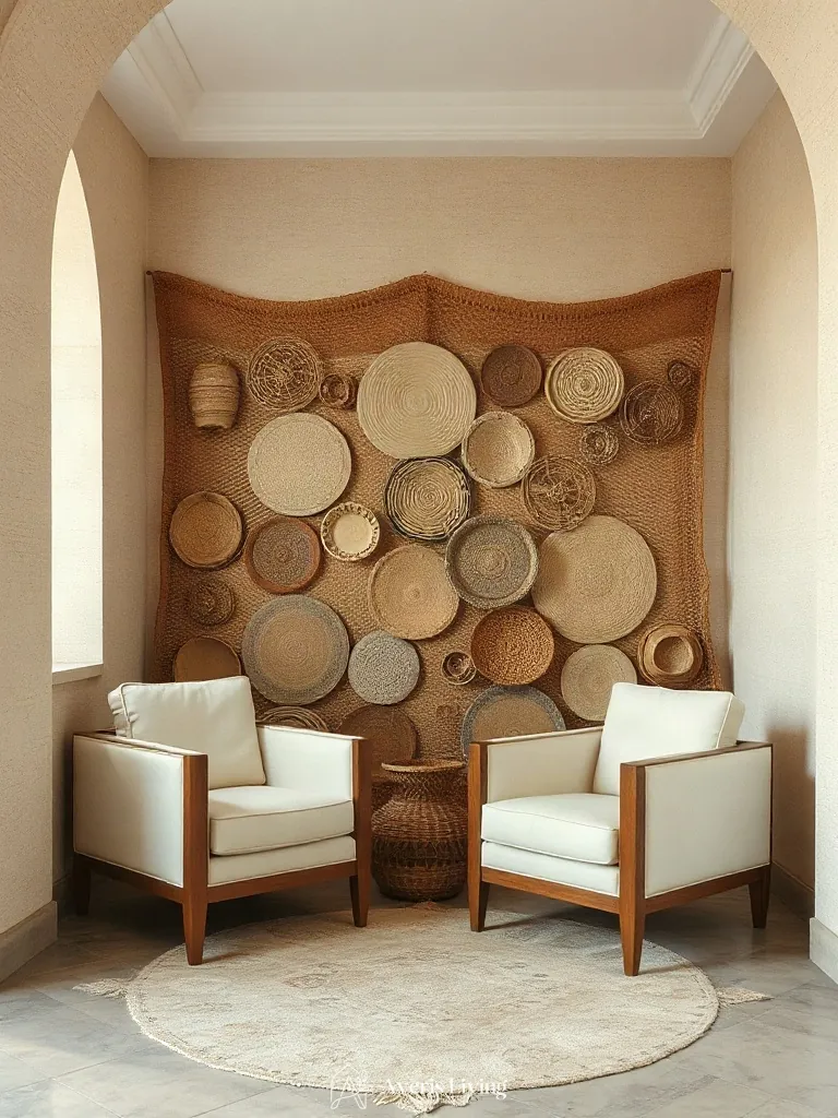 Ivory bouclé furniture set against a rich woven basket wall display.
