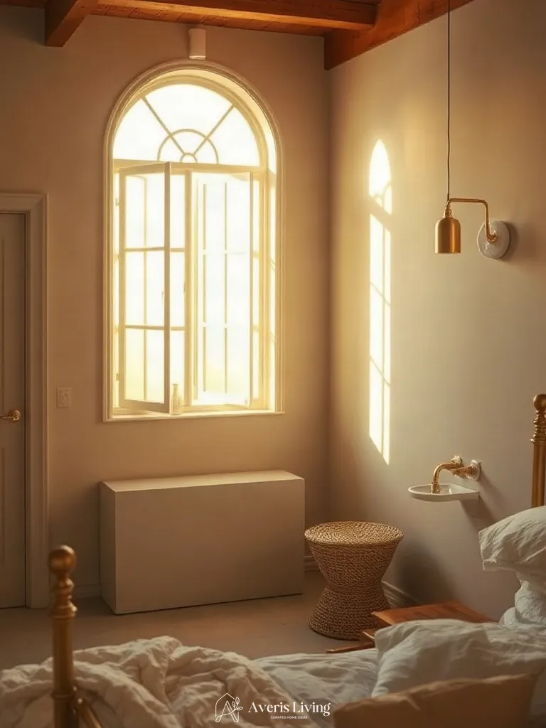 Brushed brass accents in an earthy boho bedroom aesthetic