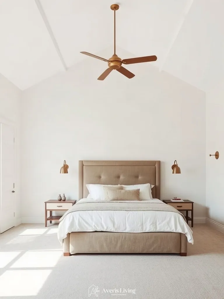 Brushed brass accents in a farmhouse master bedroom aesthetic