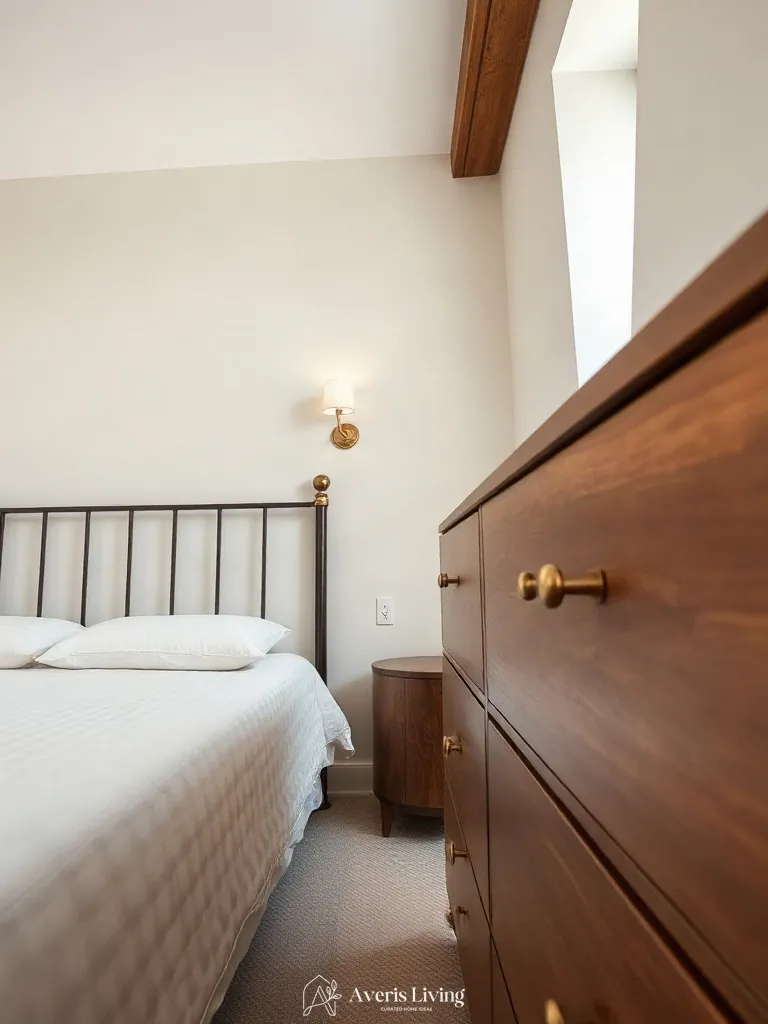 Brushed brass accents complementing iron bed frame styling