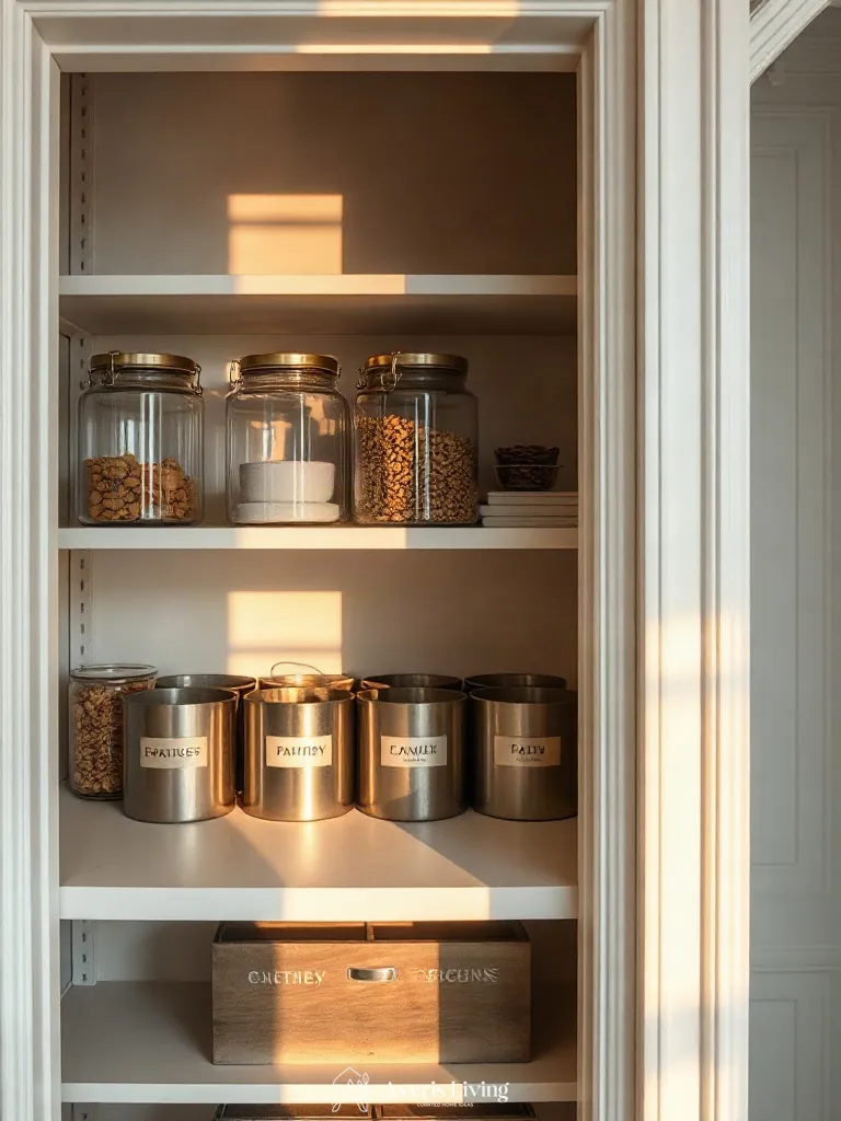 Brushed brass hardware details on high-end pantry organization bins and labels.