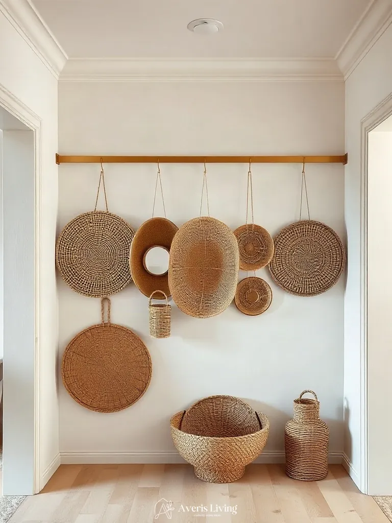 Brushed brass accents highlighting a detailed woven basket wall display.