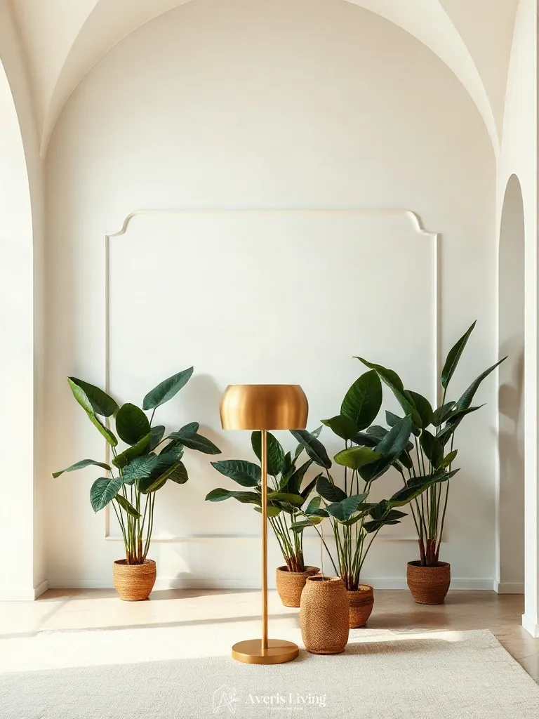 Brushed brass accents illuminating indoor plants in a boho living room