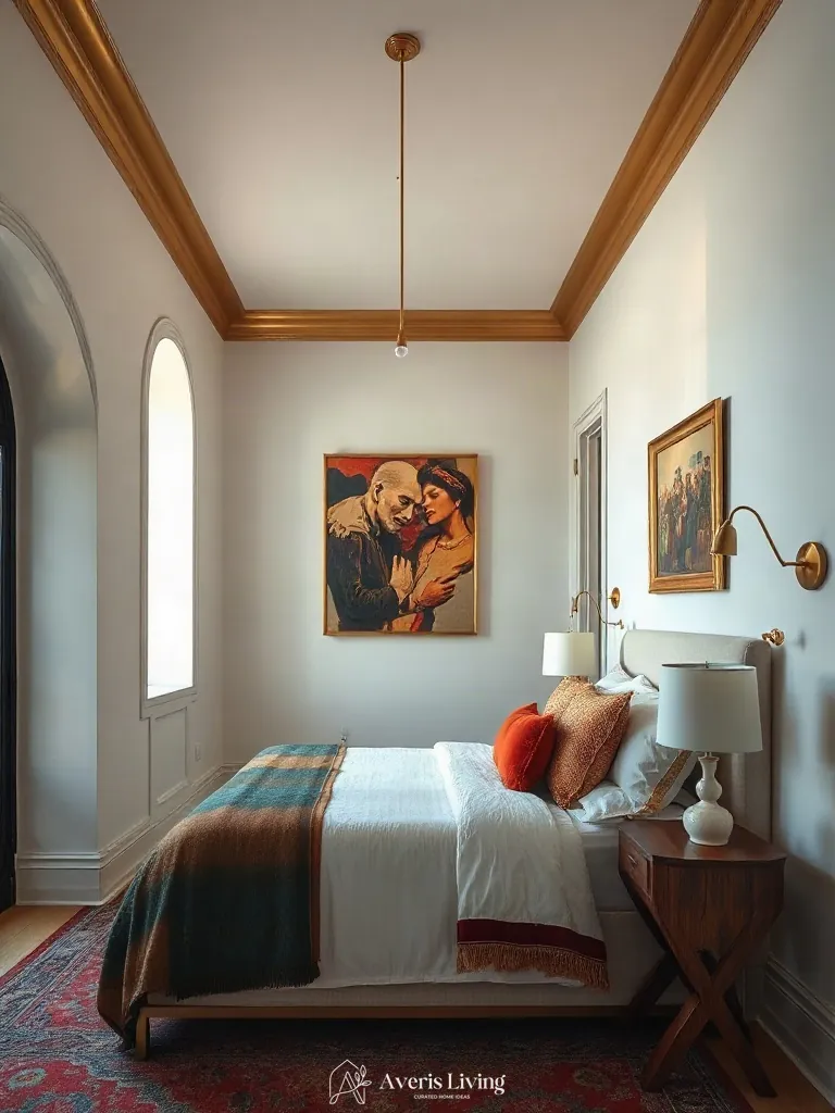Brushed brass accents paired with colorful bohemian bedding