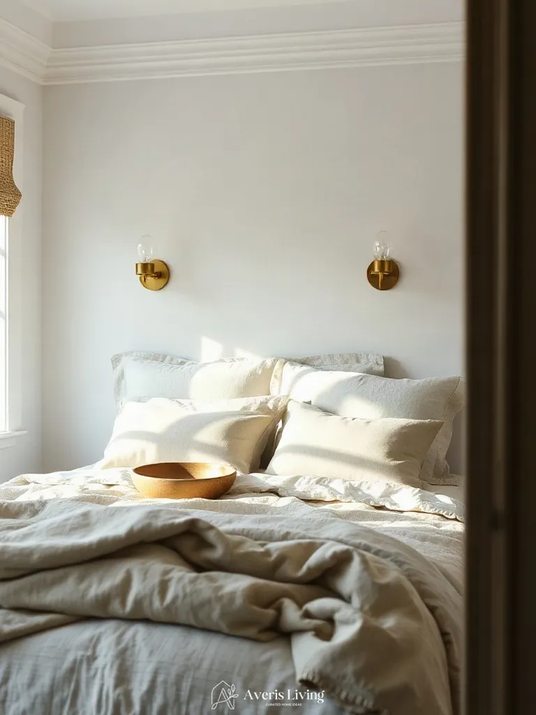 Brushed brass fixtures casting warm light on neutral farmhouse bedding sets