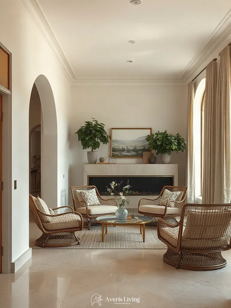 Brushed brass accents complementing rattan furniture living room styling
