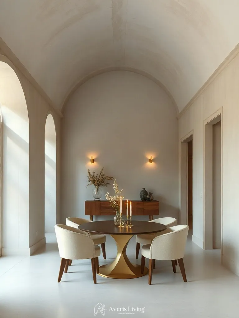 Brushed brass accents in an affordable dining room for small spaces