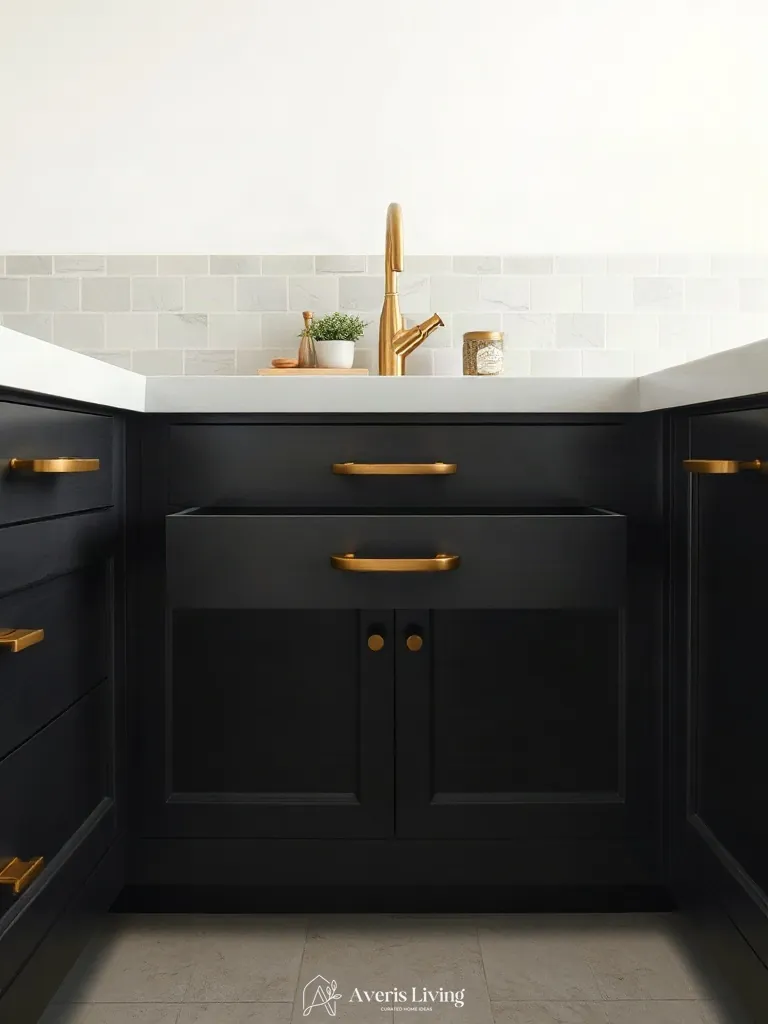 Brushed brass hardware on under sink storage solutions kitchen.
