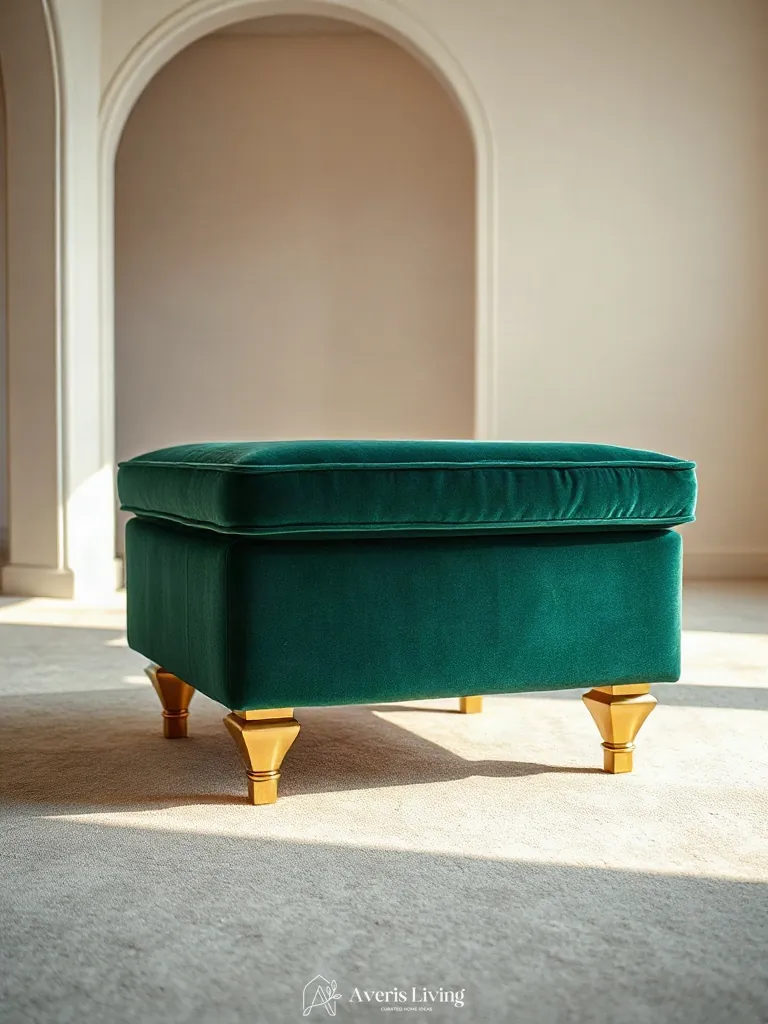 Emerald velvet storage ottoman featuring brushed brass trim and details