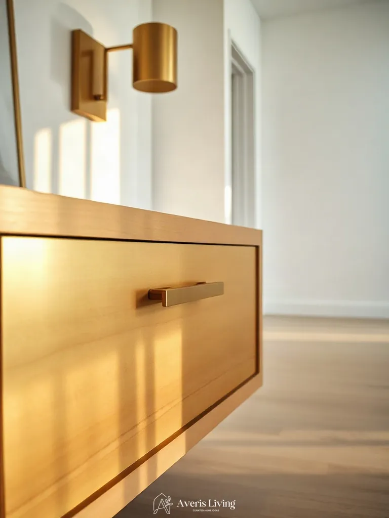 Brushed brass details on floating nightstands within a tailored small bedroom