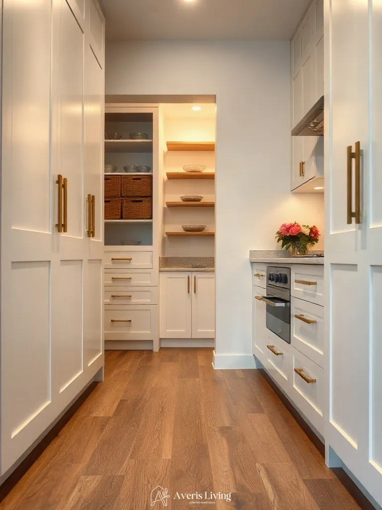 Brushed brass hardware upgrading standard affordable kitchen storage cabinets