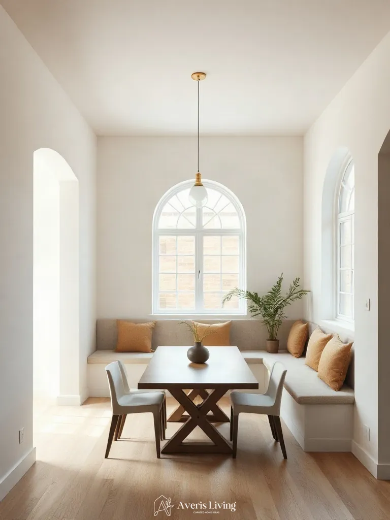 Built-in banquette in an affordable dining room for small spaces
