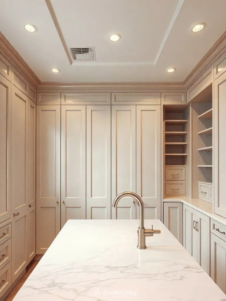 Custom built-in pantry wall utilizing affordable kitchen storage techniques