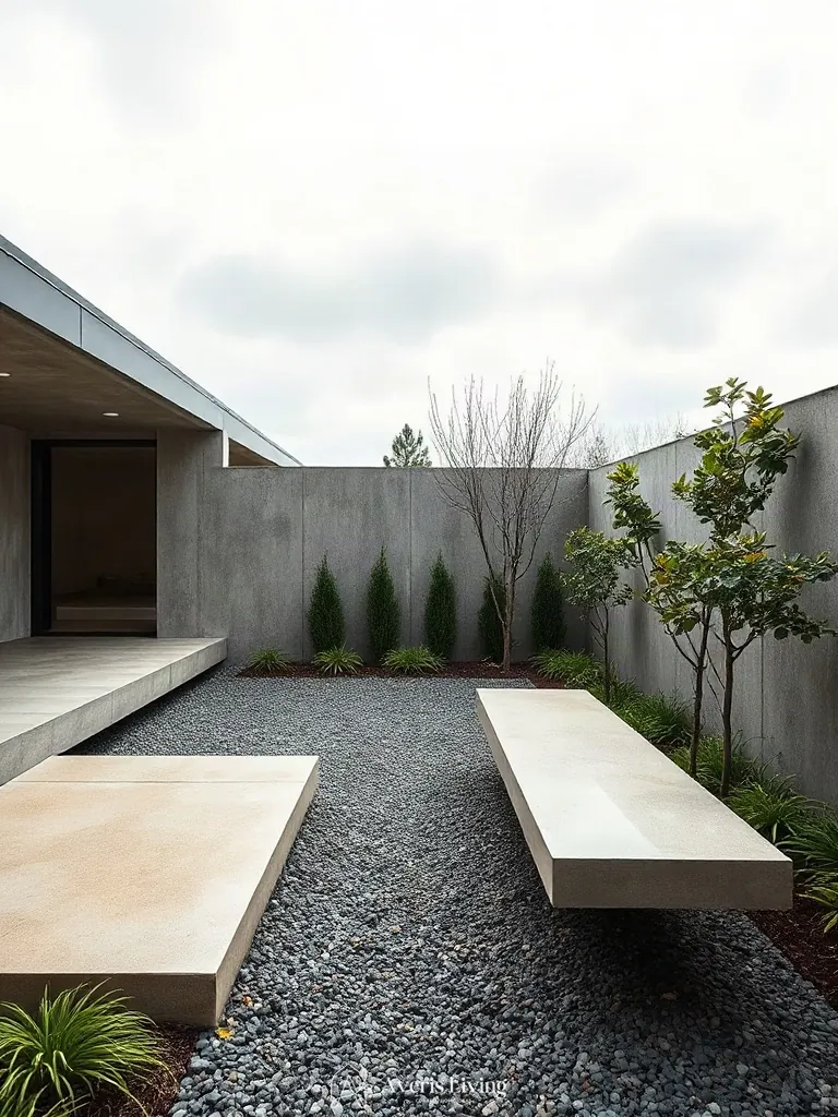 Built-in concrete cantilevered benches in a modern architectural backyard