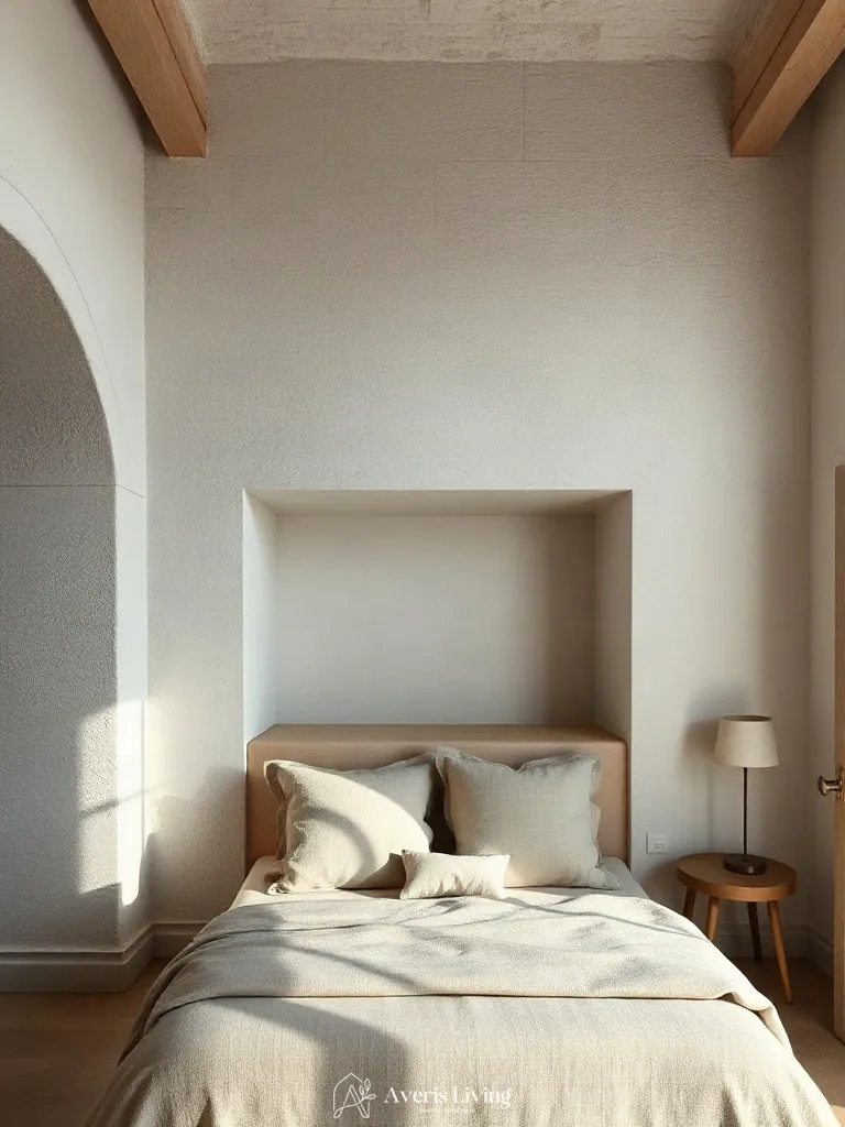 Built-in architectural ledge positioned above neutral farmhouse bedding sets