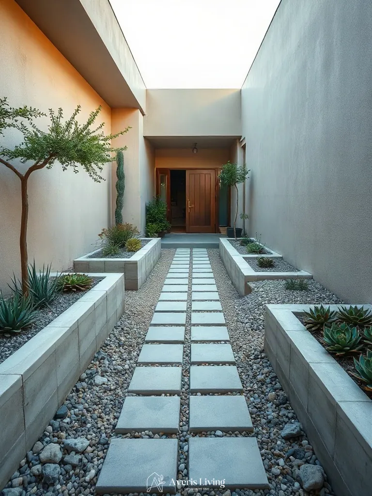 Built-in planters integrated with a modern drought-tolerant garden pathway