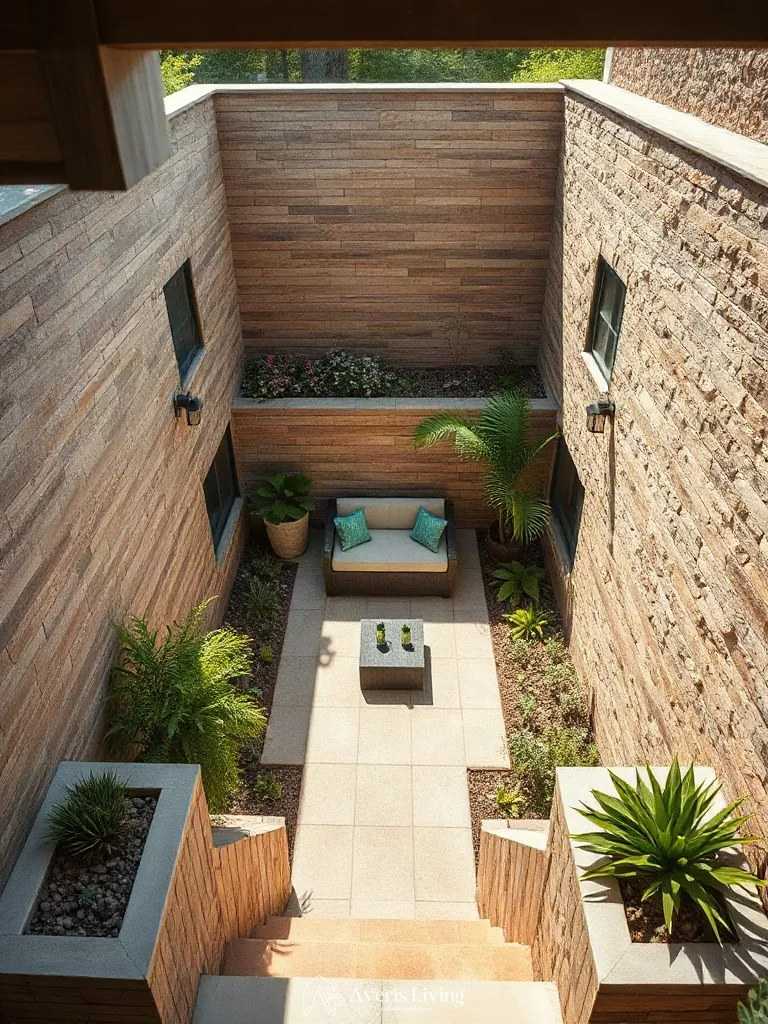 Built-in planters and conversation corners within a terraced retaining wall layout