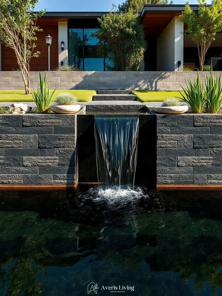 Water feature cascading over modern retaining wall