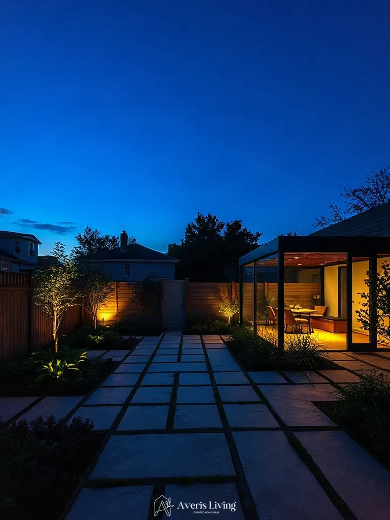 Twilight sky contrast over a luminous no grass backyard vegetable garden layout