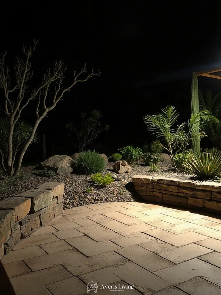 Dramatic lighting and shadows on a drought tolerant backyard retaining wall
