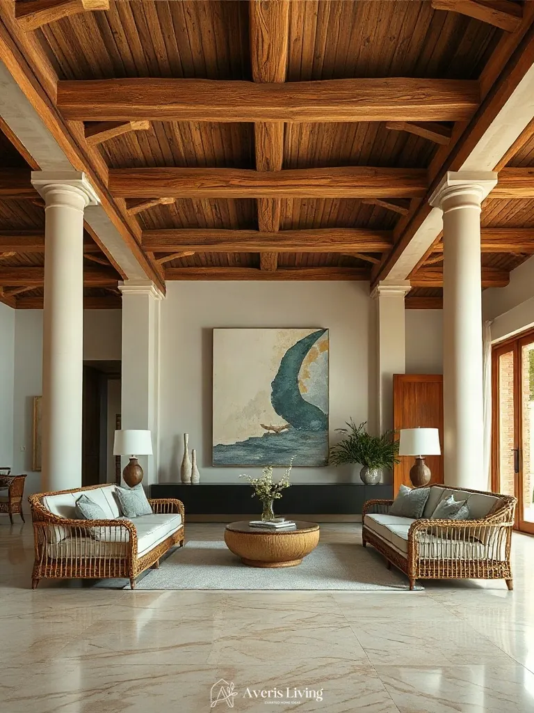 Exposed ceiling beams and structural framing above rattan furniture living room styling