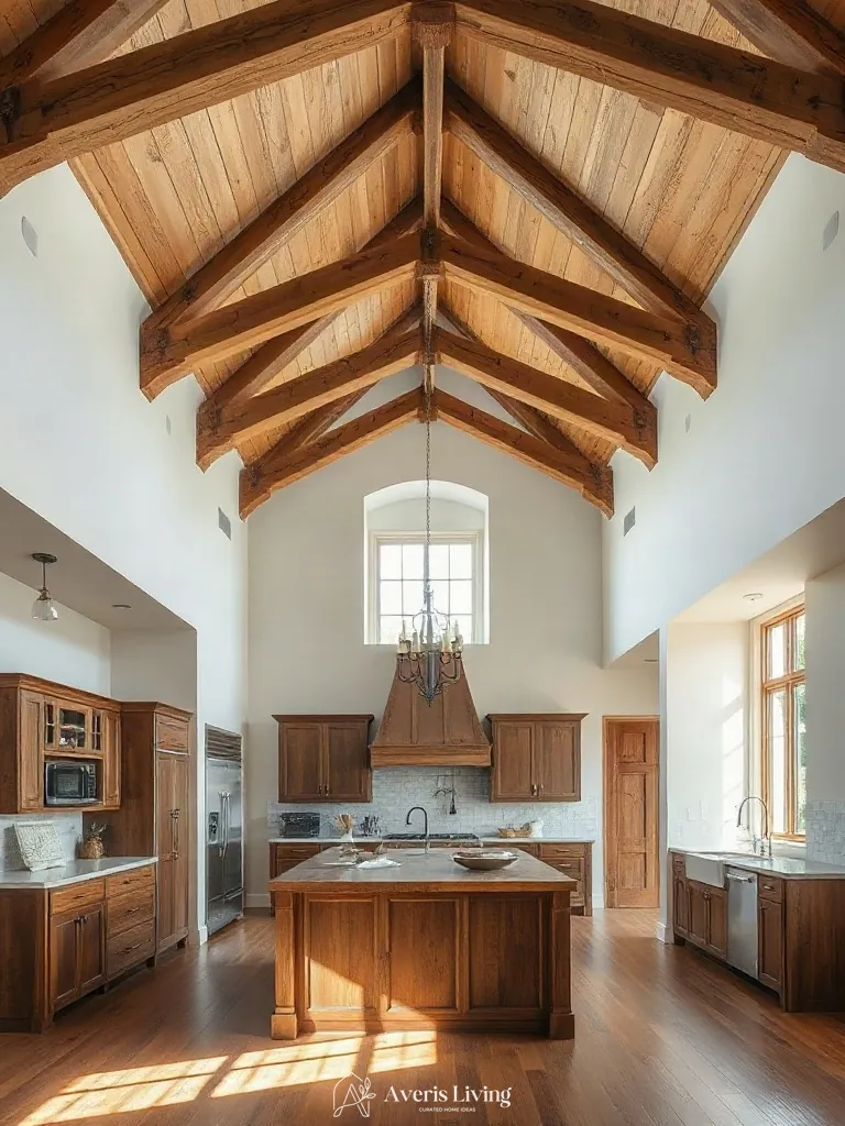 Exposed ceiling beams framing a magnificent rustic wood kitchen island.