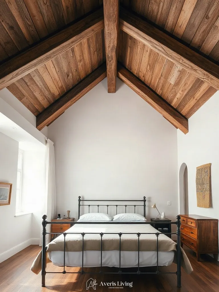 Exposed ceiling beams aligned with an iron bed frame styling layout