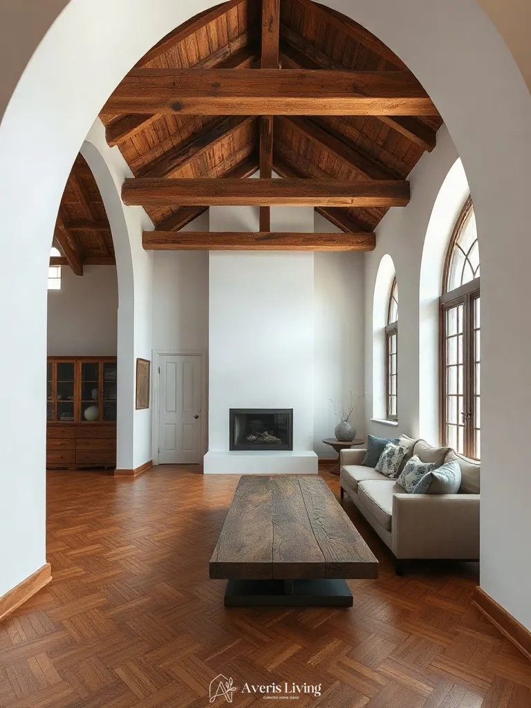 Overhead ceiling architecture complementing rustic wood coffee table ideas
