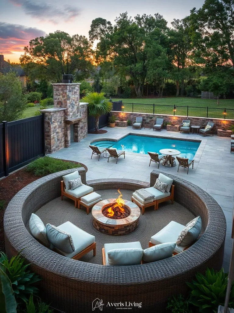 Sunken circular lounge layout with accent chairs in boho privacy fence makeover