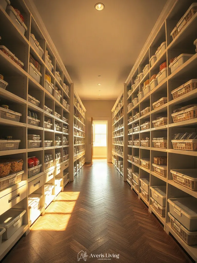 Circulation corridors in a walk-in pantry featuring organized bins and labels.