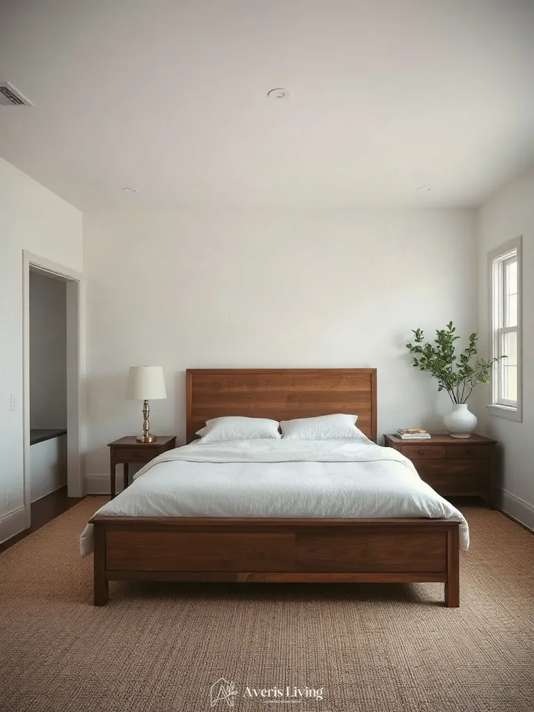 Circulation paths and bed alignment in a farmhouse master bedroom aesthetic
